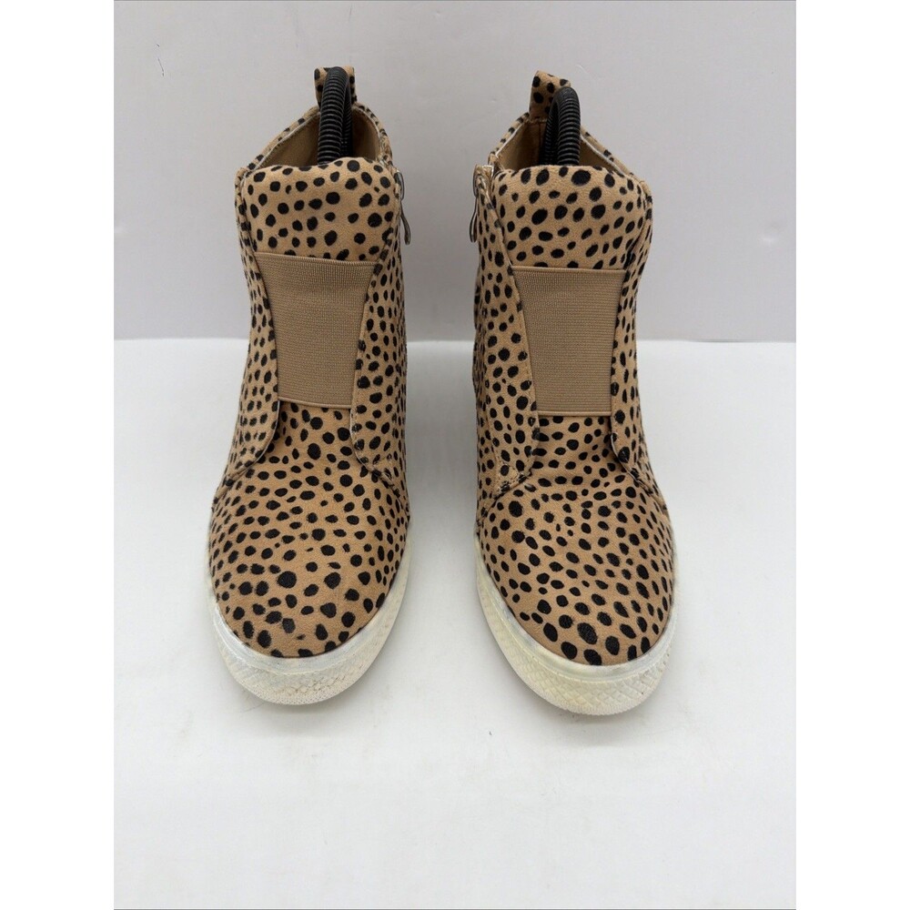 Ccocci Leopard Print Tan/Black Side Zipper Hidden Wedge Sneaker Size 5